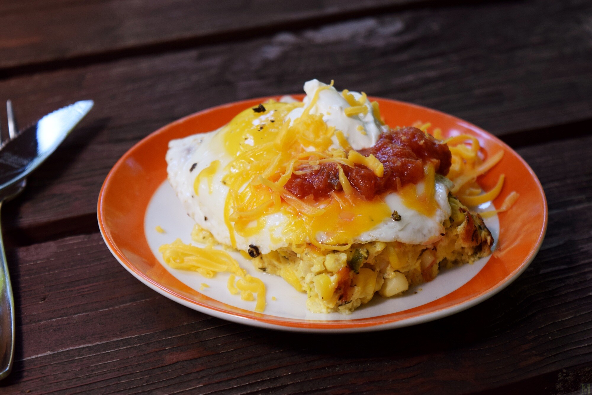 Corn Puddin with an egg and taco dressings